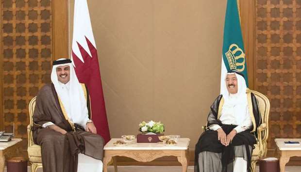 HH the Emir Sheikh Tamim bin Hamad al-Thani with the Emir of Kuwait, Sheikh Sabah al-Ahmad al-Jaber al-Sabah, who paid a visit to Doha early this month to confirm the importance of resolving the dispute within the Gulf country.