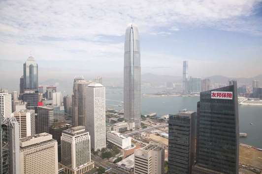 Commercial buildings are seen in the central district of Hong Kong. Financial services industry in Hong Kong accounts for 18% of the territoryu2019s economy, compared with just 10.4% in 1997 when the city returned to Chinese rule.