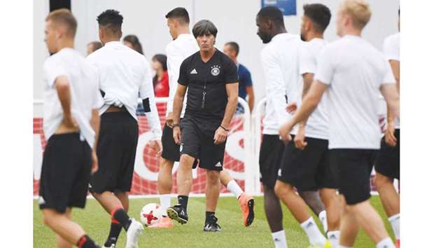Germanyu2019s coach Joachim Loew leads a training session ahead of their Confederations Cup opener against Australia in Sochi yesterday. (AFP)