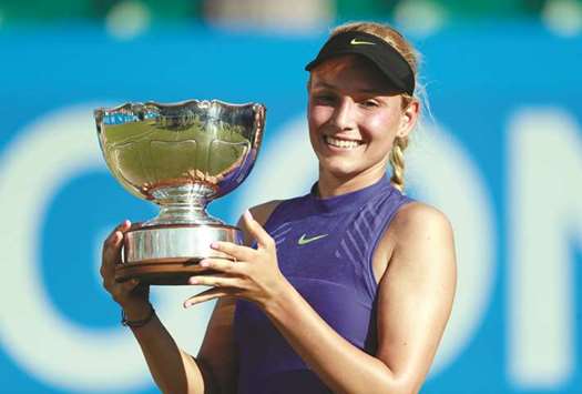 Croatiau2019s Donna Vekic celebrates with the trophy after winning the Nottingham Open yesterday. (Reuters)