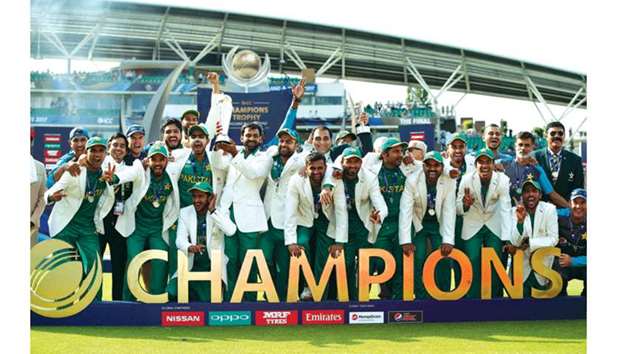 Pakistan celebrate after winning the ICC Champions Trophy final where they defeated India by 180 runs yesterday at the The Oval. (Reuters)