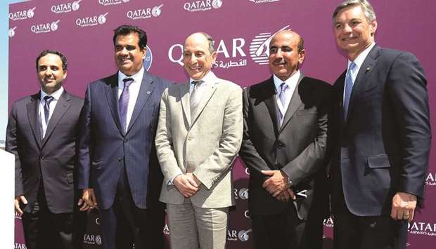 HE al-Sulaiti (second right) with al-Baker, Conner, al-Mansouri and al-Subaie at the Paris Air Show yesterday.