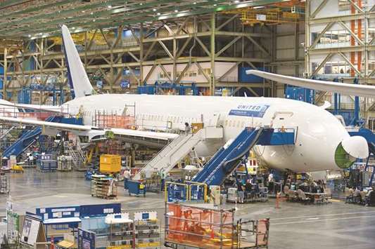 Assembly of Boeingu2019s 787 Dreamliner at the companyu2019s massive factory in Everett, north of Seattle. The US plane maker has dropped the category reserved for four-engine behemoths from its annual forecast for the commercial-aircraft market.