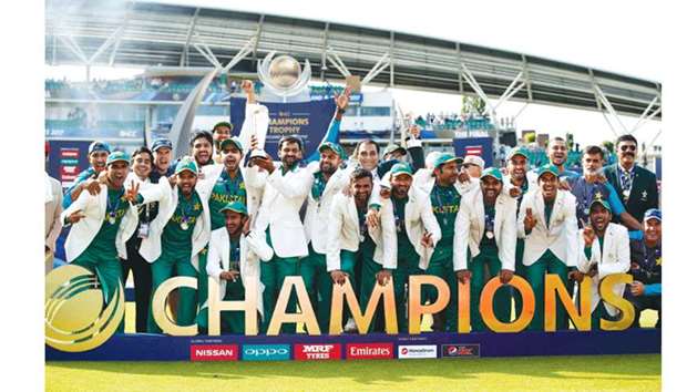 Pakistan players celebrate after winning the ICC Champions Trophy final in London on Sunday. (Reuters)