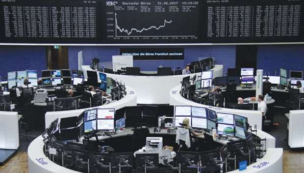 Traders at the Frankfurt Stock Exchange. The DAX 30 lost 0.3% to 12,774.26 points yesterday.