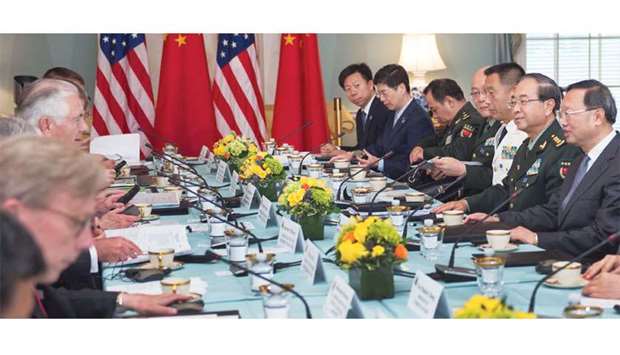 US Secretary of State Rex Tillerson and US Secretary of Defense Jim Mattis host Chinese State Councilor Yang Jiechi and Chief of the Peopleu2019s Liberation Army Joint Staff Department General Fang Fenghui as the two countries start the US-China Diplomatic and Security Dialogue in the Thomas Jefferson room at the US Department of State in Washington, DC.