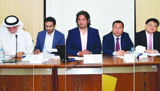Dr Darwish al-Emadi, Dr Khaled Almezaini, Dr Imad Mansour, Prof Wu Bingbing, and Prof Wang Jisi at the event