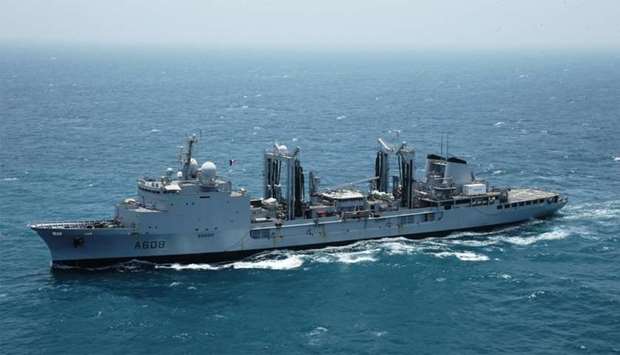 Warships belonging to French Naval Forces holding exercises in Qatari territorial waters.