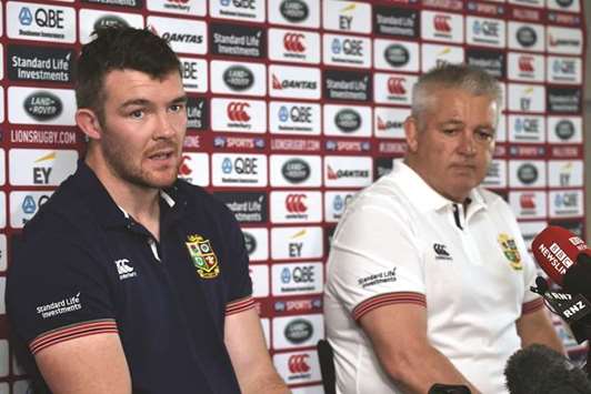 British and Irish Lions rugby coach Warren Gatland (right) and captain Peter Ou2019Mahony (left) speak to the media at a press conference in Auckland yesterday. (AFP)