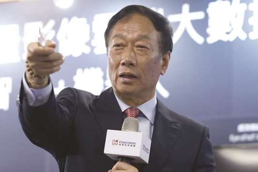 Terry Gou, founder and chairman of Foxconn, speaks during a news conference in Taipei. The Taiwan-based firm has been eyeing US investments for some time and will decide on the location of the plant next month, Gou said.
