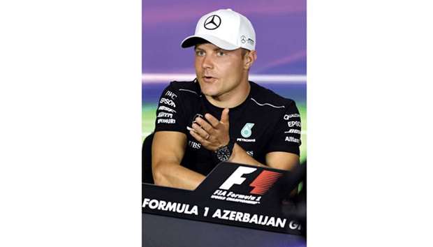 Mercedesu2019 Finnish driver Valtteri Bottas speaks during the drivers press conference ahead of the Azerbaijan Grand Prix at the Baku City Circuit in Baku yesterday. (AFP)