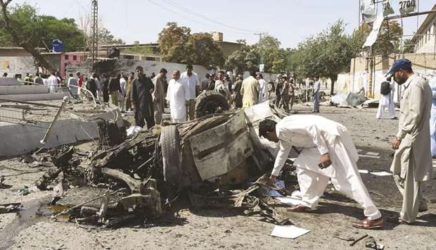 Security officials inspect the site of a powerful explosion that targeted a police vehicle in Quetta yesterday.