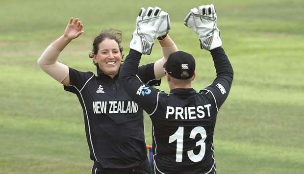 New Zealand pacer Holly Huddleston (left) celebrates with teammate Rachel Priest after taking the wicket of Sri Lankau2019s Chamari Polgampola during the Womenu2019s Cricket World Cup in Bristol County, England, yesterday. (Reuters)