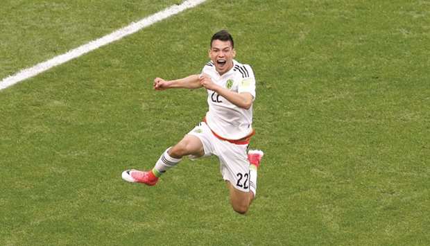 Mexicou2019s Hirving Lozano celebrates scoring a goal against Russia during their Confederations Cup match in yesterday. (Reuters)