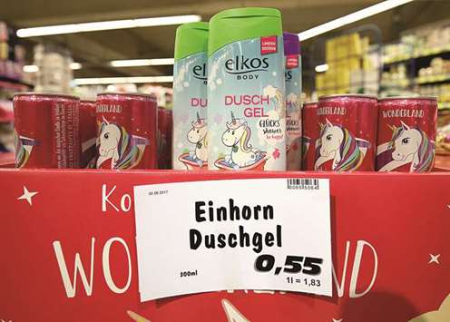 Unicorn shower gel is among the many unicorn-themed products available in German shops. The country has been gripped by unicorn fever this year.