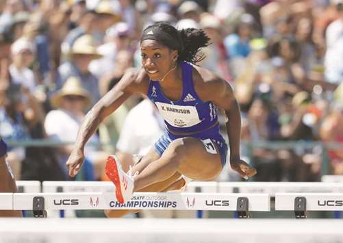 Kendra Harrison clears a hurdle on the way to victory in the womenu2019s 100m hurdle final of the 2017 USA Track & Field Championships at Hornet Satdium in Sacramento, California, on Saturday. (Getty Images/AFP)