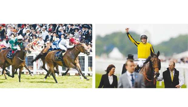 Jockey Gregory Benoist (right) rides Al Shaqab Racingu2019s Qemah to victory in the Duke of Cambridge (Group 2) at Ascot on Wednesday. Right: James Doyle celebrates winning the Gold Cup (Group 1) on Big Orange at Ascot Racecourse on Thursday. (Reuters)