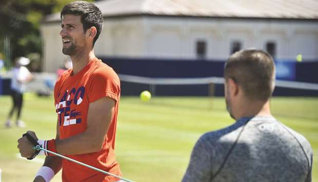 Serbiau2019s Novak Djokovic during a practice session at the ATP Aegon International in Eastbourne yesterday. (AFP)