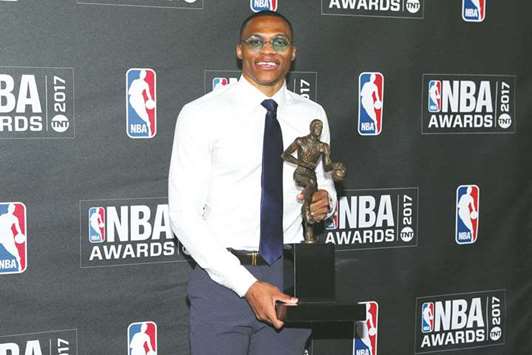 Oklahoma City Thunder player Russell Westbrook poses with his 2017 NBA most valuable player award during the 2017 NBA Awards at Basketball City at Pier 36. PICTURE: USA TODAY Sports