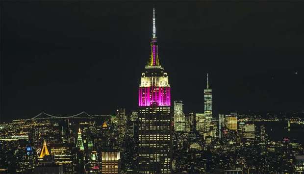 The Empire State Building in Qatar Airways colours