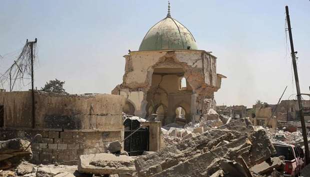 The destroyed Al-Nuri Mosque in the Old City of Mosul