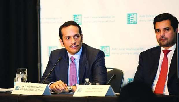 HE the Foreign Minister Sheikh Mohamed bin Abdulrahman al-Thani, left, attending a gathering hosted 