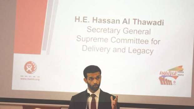 The Secretary General of the Supreme Committee for Delivery and Legacy (SC) Hassan al-Thawadi addressing the audience at BWI Global Sports Campaign for Decent Work: Sports-Migration Nexus and labour Inspections event in Berlin.