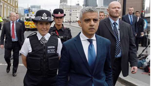 Mayor of London Sadiq Khan and Metropolitan Police Commissioner Cressida Dick visit the scene of the attack on London Bridge and Borough Market which left 7 people dead and dozens of injured in central London, Britain.