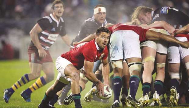 File picture of British and Irish Lions Rhys Webb clearing the ball during the match between New Zealandu2019s Provincial Barbarians and the British and Irish Lions.