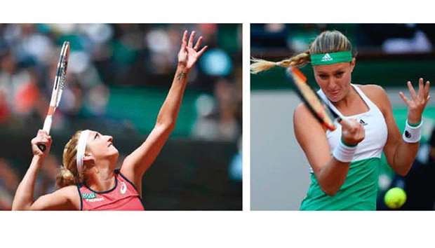 Switzerlandu2019s Timea Bacsinszky serves to Franceu2019s Kristina Mladenovic (right) during their French Open quarter-final at Roland Garros in Paris yesterday. (AFP)