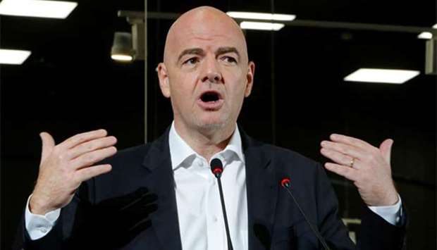 FIFA President Gianni Infantino speaks during the official opening of the 2018 World Cup International Broadcast Centre in Moscow on Sunday.