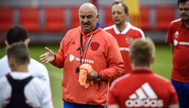 Russia's coach Stanislav Cherchesov leads a training session in Novogorsk on Tuesday.