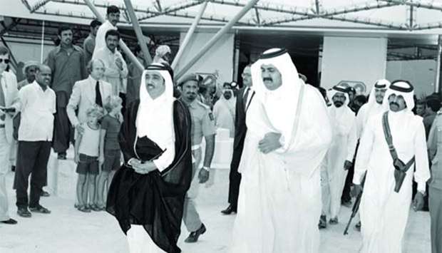 His Highness Sheikh Hamad bin Khalifa al-Thani, the then Heir Apparent and Minister of Defence, accompanied by Sheikh Ghanem bin Ali al-Thani is seen during the inauguration of The Centre in 1978.