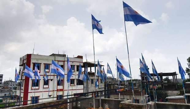 National flags of Argentina installed on a rooftop on the outskirts of Dhaka.