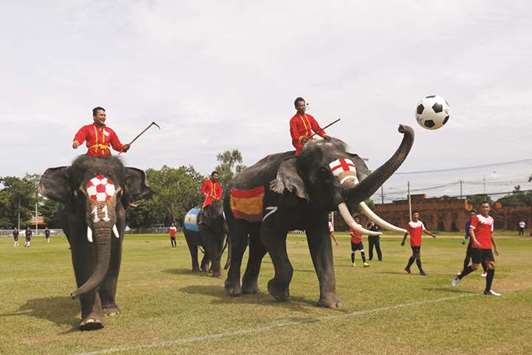 Elephants play soccer during an anti-gambling campaign for school children in Ayutthaya.