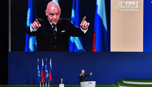 FIFA president Gianni Infantino gives a speech during the 68th FIFA Congress at the Expocentre in Mo