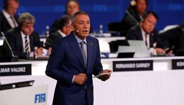 Moulay Hafid Elalamy, chairman of the 2026 Morocco Bid Committee for the 2026 FIFA World Cup, delivers a speech during the 68th FIFA Congress in Moscow on Wednesday.
