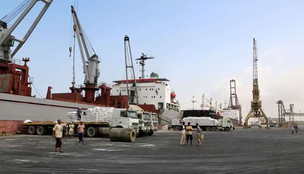 Workers unload food assistance provided by UNICEF from a cargo ship in the Red Sea port of Hodeida, a key entry point for United Nations aid to war-torn Yemen. File photo: January 27, 2018