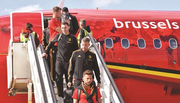 Belgiumu2019s defenders Thomas Vermaelen, Toby Alderweireld and Thomas Meunier disembark from a plane upon the teamu2019s arrival at Moscowu2019s Sheremetyevo airport yesterday, ahead of the Russia 2018 World Cup football tournament.