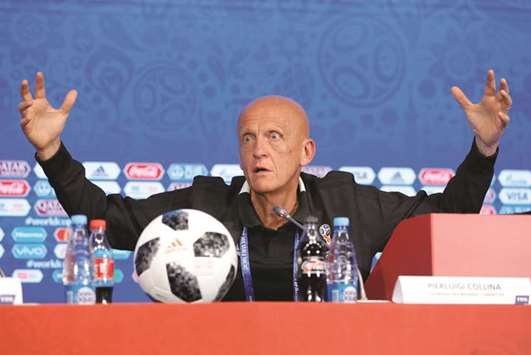 FIFA Chairman of Referees Committee Pierluigi Collina gestures during a news conference ahead of the 2018 World Cup in Moscow on Tuesday. (Reuters)