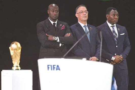 Royal Moroccan Football Federation president Fouzi Lekjaa (centre) attends the presentation of the Morocco 2026 bid during the 68th FIFA Congress in Moscow yesterday. (AFP)
