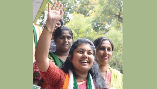 Congress candidate Sowmya Reddy acknowledges the greetings of her supporters after her win from Jayanagar yesterday.