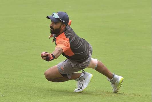 Indian captain Ajinkya Rahane in action during the teamu2019s practice session at the M. Chinnaswamy Stadium in Bangalore. (AFP)