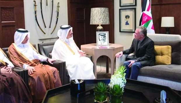 HE the Deputy Prime Minister and Minister of Foreign Affairs Sheikh Mohamed bin Abdulrahman al-Thani meeting with Jordan's King Abdullah II bin al-Hussein in Amman on Wednesday. He delivered a verbal message of His Highness the Amir Sheikh Tamim bin Hamad al-Thani to the Jordanian king.