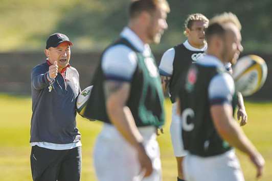 Englandu2019s head coach Eddie Jones with his players during a training session in Johannesburg. (AFP)