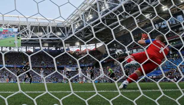Iceland's Hannes Por Halldorsson saves a penalty from Argentina's Lionel Messi