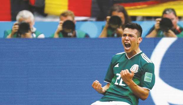 Mexicou2019s Hirving Lozano celebrates scoring against Germany in Moscow yesterday.
