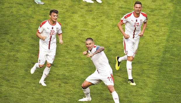 Serbiau2019s Aleksandar Kolarov (centre) celebrates his goal during the match against Costa Rica in Samara yesterday. (AFP)