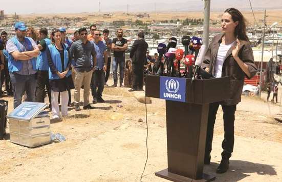 UN Refugee Agencyu2019s special envoy Angelina Jolie speaks during a news conference during her visits to a camp for Syrian refugees in Dohuk, Iraq.