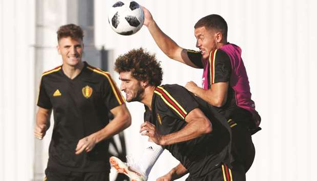 Belgiumu2019s Eden Hazard (right) and Marouane Fellaini (centre) take part in a training session in Sochi. (Reuters)